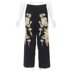 GUCCI 2017 black wool chrysanthemum floral embroidery wide leg trousers IT38 XS