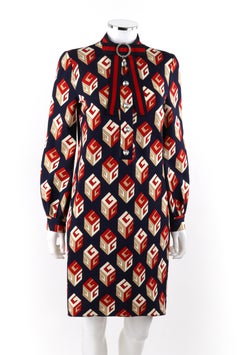 GUCCI 2017 "GG Wallpaper" Navy Blue Red Jewelled Web Bow Jersey Sheath Dress