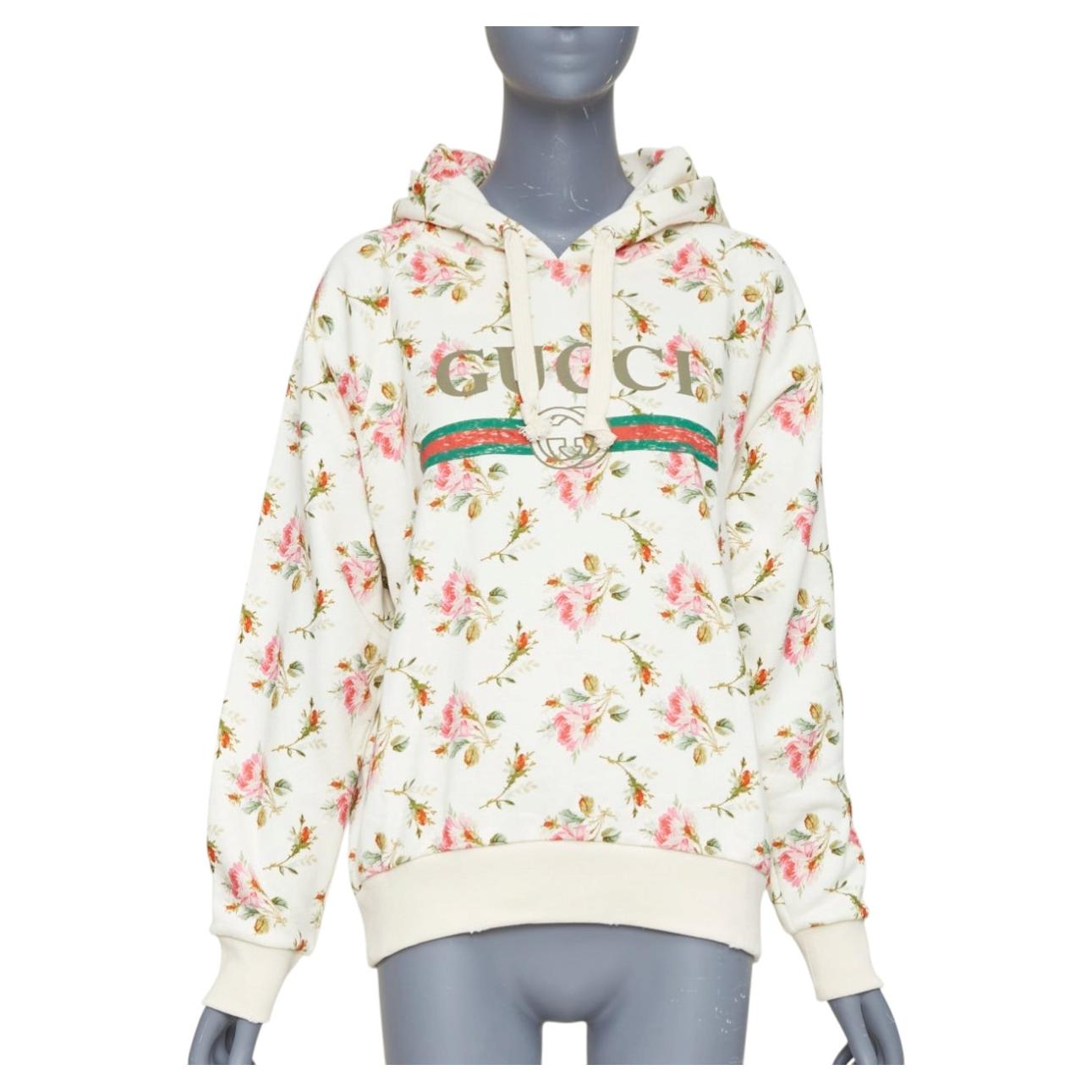 GUCCI 2017 ivory pink floral logo print jersey hoodie XS