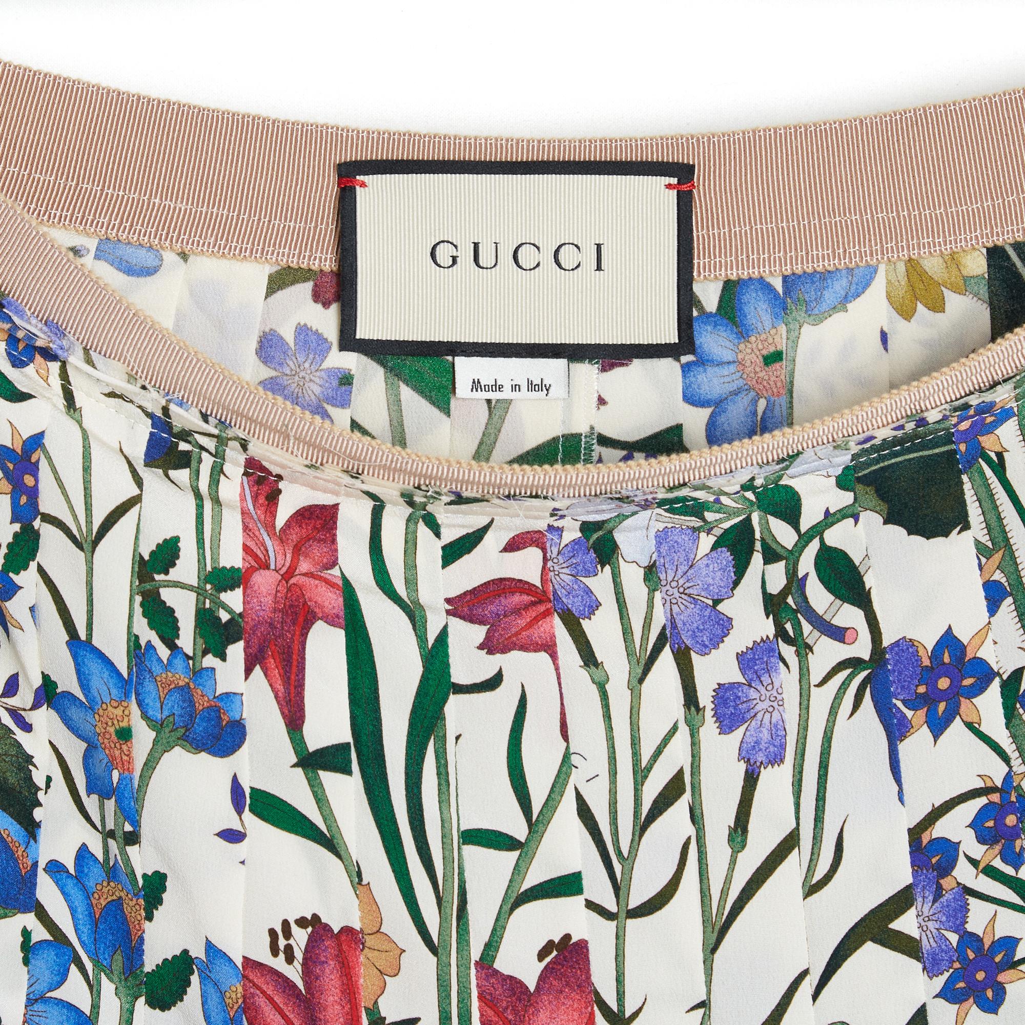 Gray Gucci 2017 Jupe Soie Flora FR38 Flora Silk Twill Pleated Skirt UK 10 US8
