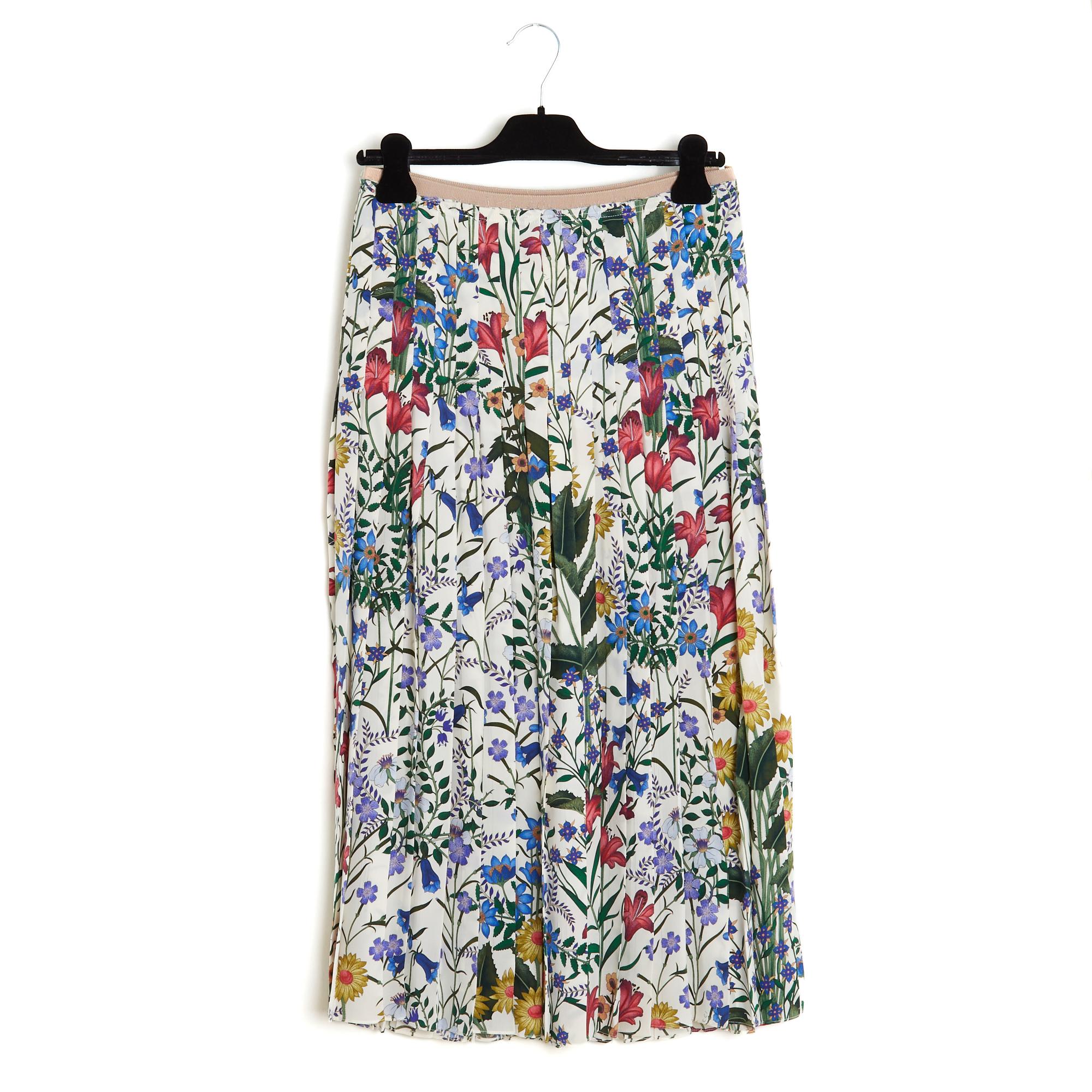 Women's Gucci 2017 Jupe Soie Flora FR38 Flora Silk Twill Pleated Skirt UK 10 US8