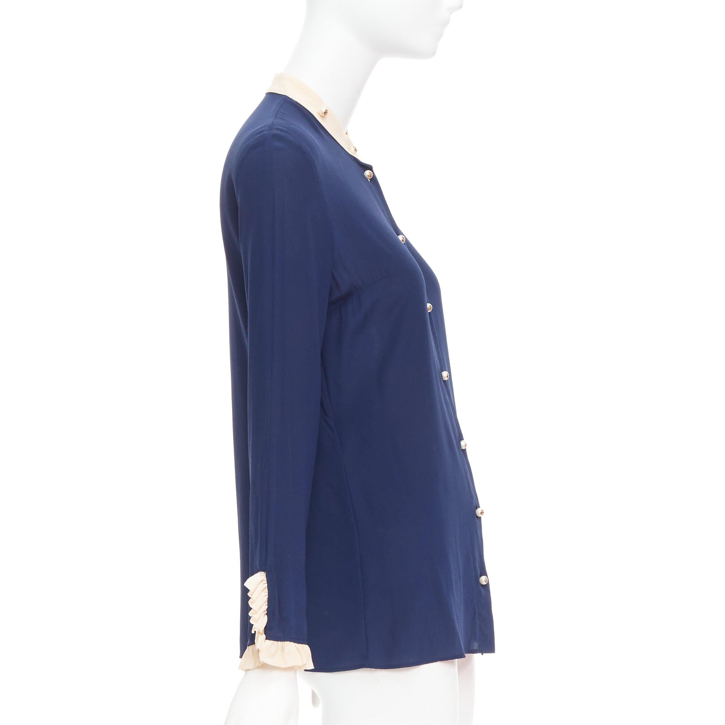 GUCCI 2017 navy 100% silk GG pearl buttons ruffle trim blouse shirt IT40 S In Good Condition For Sale In Hong Kong, NT