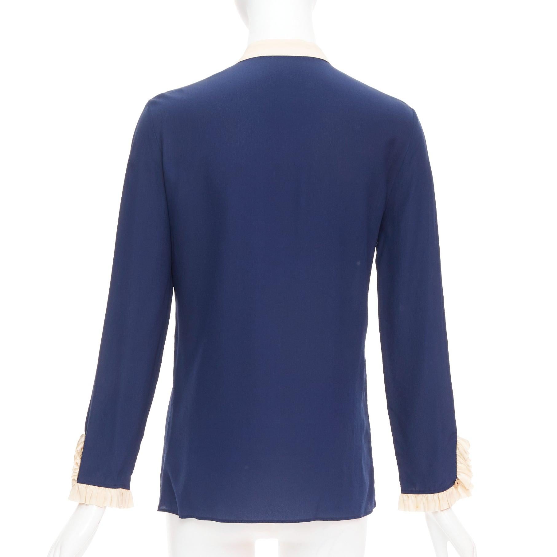 Women's GUCCI 2017 navy 100% silk GG pearl buttons ruffle trim blouse shirt IT40 S For Sale