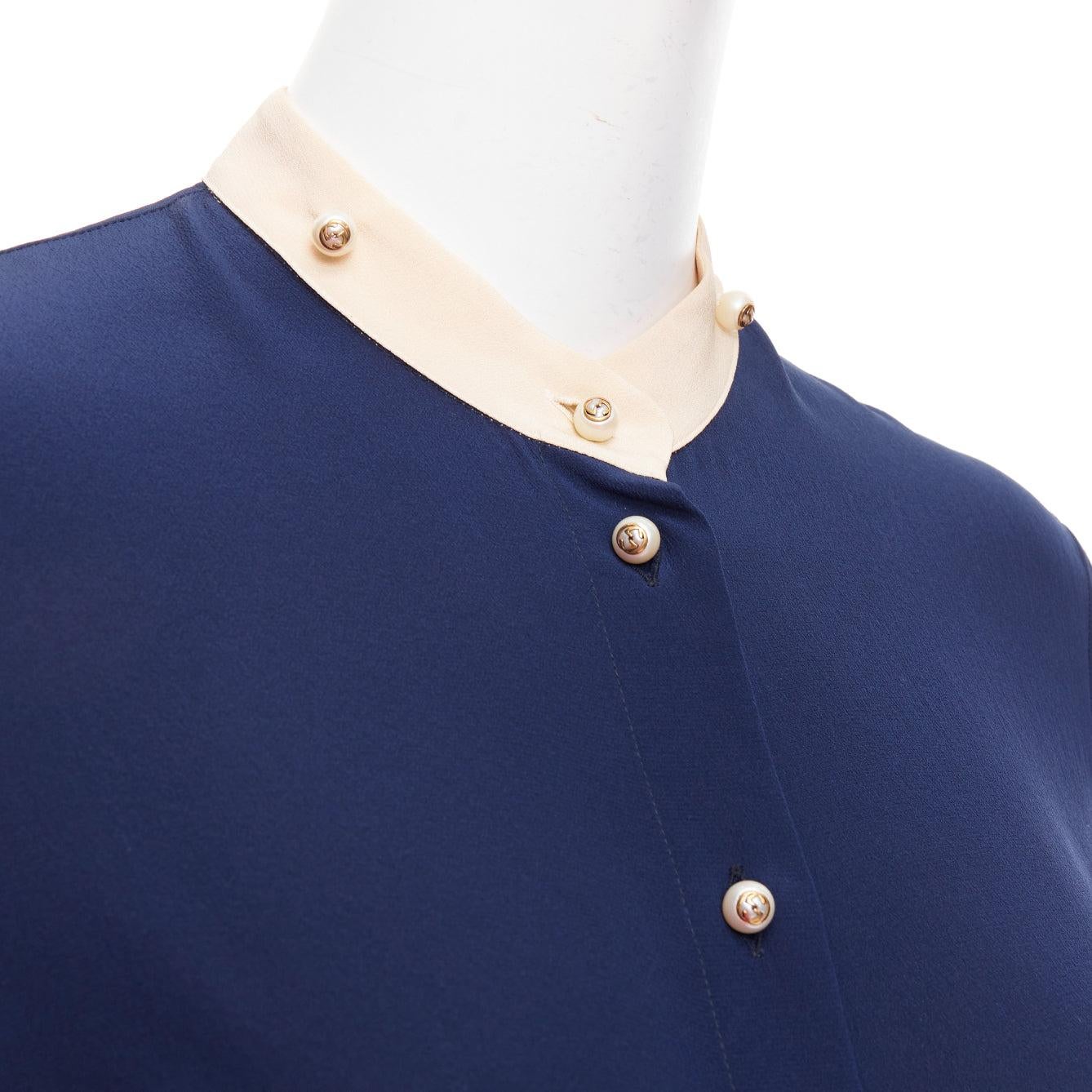 GUCCI 2017 navy 100% silk GG pearl buttons ruffle trim blouse shirt IT40 S For Sale 2
