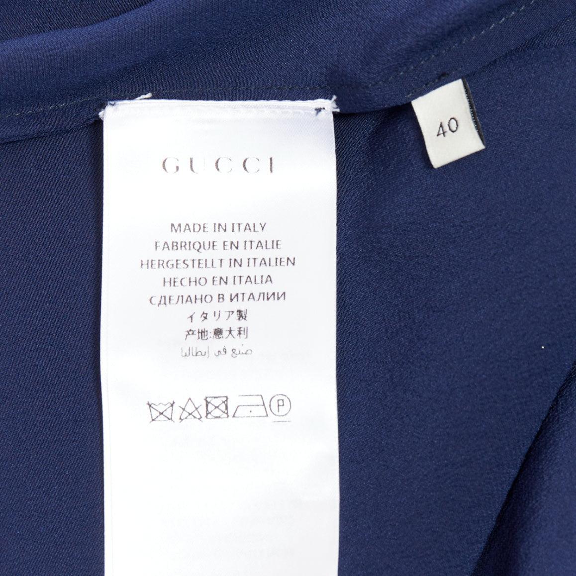 GUCCI 2017 navy 100% silk GG pearl buttons ruffle trim blouse shirt IT40 S For Sale 3
