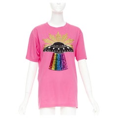 GUCCI 2017 pink cotton multicolor sequin UFO rainbow graphic t-shirt XS
