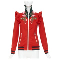 GUCCI 2017 red pink flower embroidery applique web trim ruffle zip track jacket
