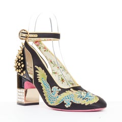 GUCCI 2017 Runway Caspar dragon embroidered spike ankle strap pump heels EU36