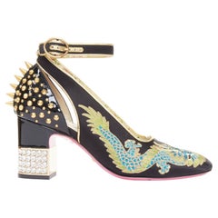 GUCCI 2017 Runway Caspar dragon embroidered spike ankle strap pump heels EU36