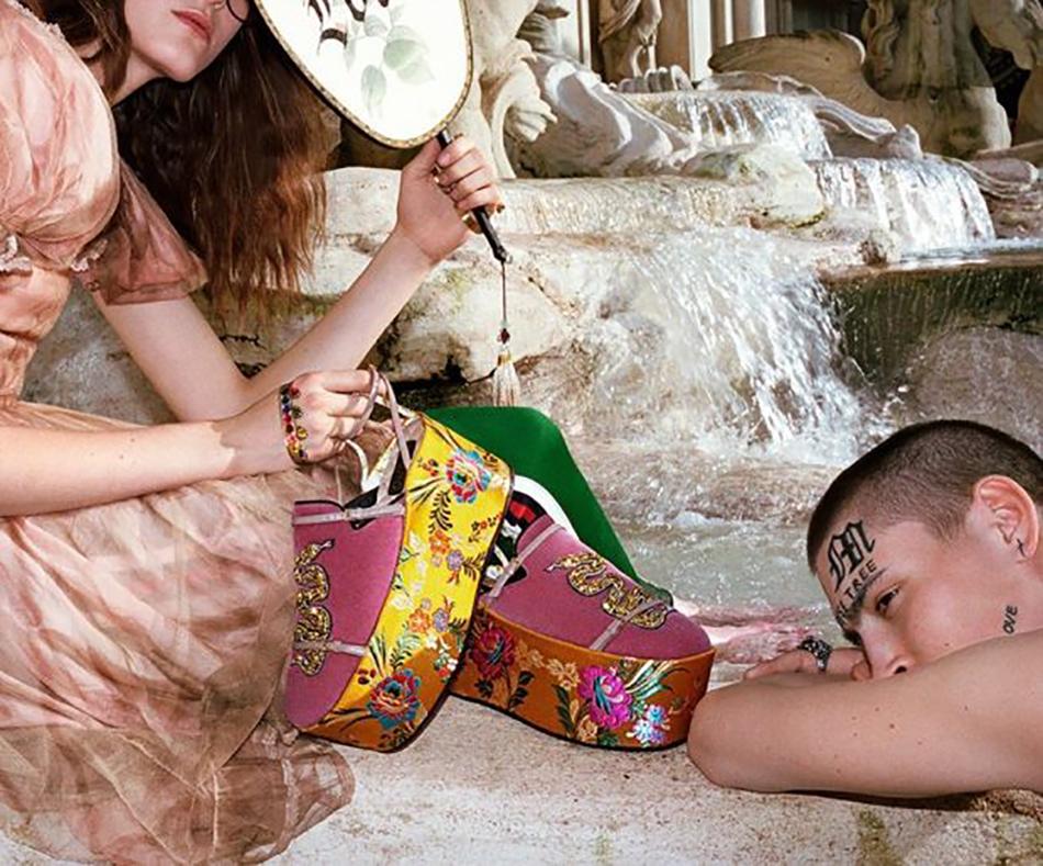 Gucci 2017 Runway Hannelore Pink Velvet Snake Brocade Convertible Slipper Platforms.  Unique 2 in 1 design.  Can be worn as flat pink velvet slippers or as a sky high 100mm brocade platform wedge sandal.  The platform sandal itself is not designed