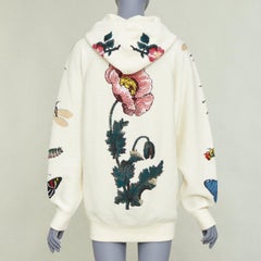 GUCCI 2017 Runway ivory wool cotton pom pom embroidered insect floral hoodie XXS