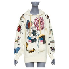 GUCCI 2017 Runway ivory wool cotton pom pom embroidered insect floral hoodie XXS