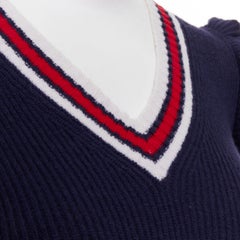 GUCCI 2017 Runway navy red ruffled shoulder cropped V-neck striped sweater XS