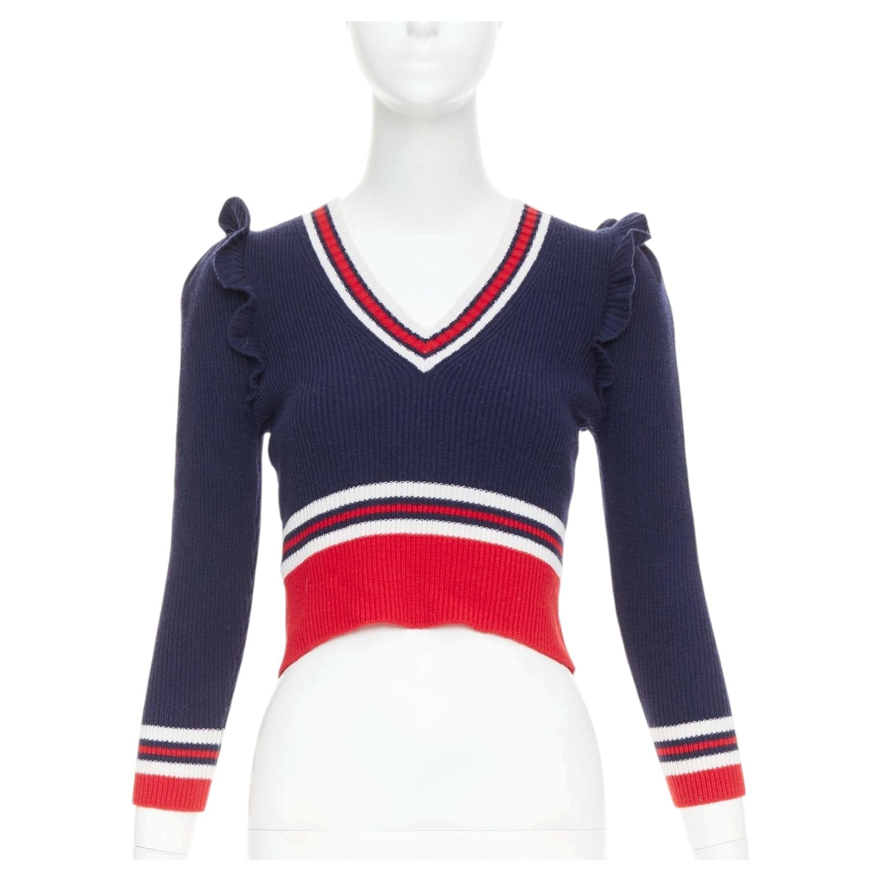GUCCI 2017 Runway navy red ruffled shoulder cropped V-neck striped sweater XS