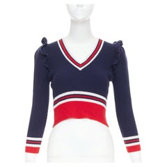 GUCCI 2017 Runway navy red ruffled shoulder cropped V-neck striped sweater XS