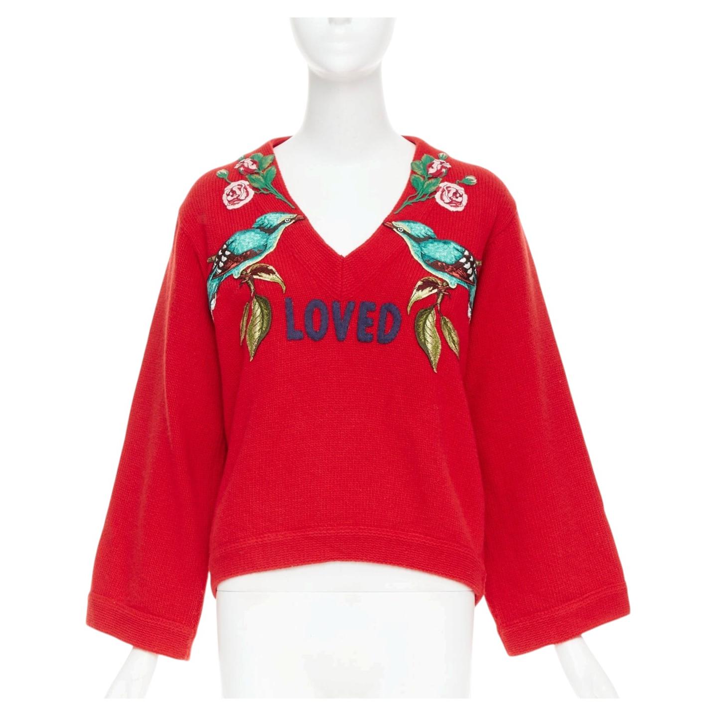 GUCCI 2017 Runway red wool Loved Bird red wool green embroidered sweater S
