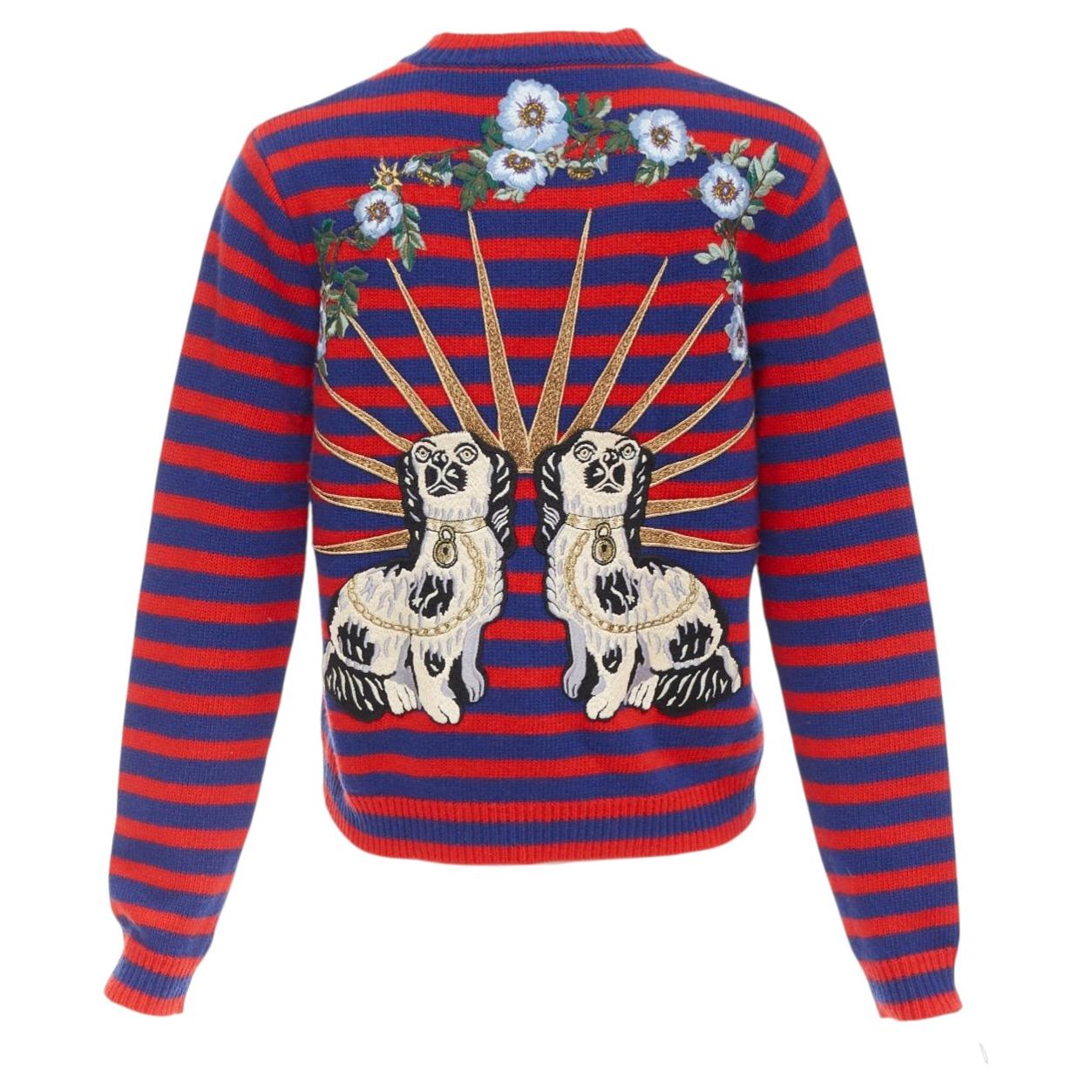 GUCCI 2017 Runway wool red blue stripe Tiger Head intarsia crew