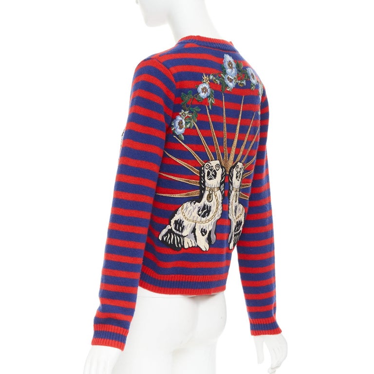 GUCCI 2017 Runway wool red blue stripe Tiger Head intarsia crew
