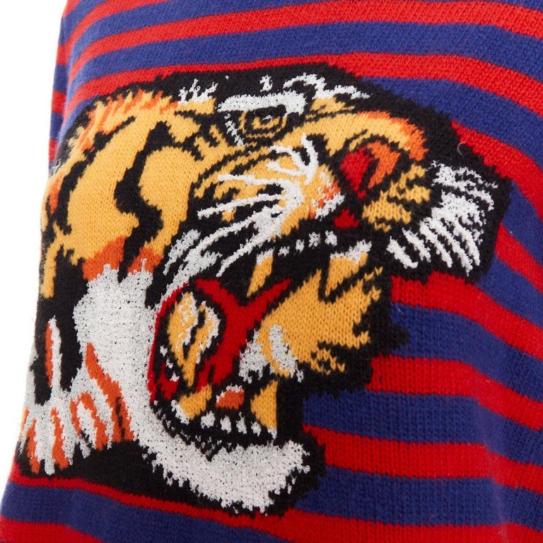 GUCCI ウェブストライプ タイボウ タイガーヘッド GUCCI 2017 Runway wool red blue stripe Tiger Head intarsia crew