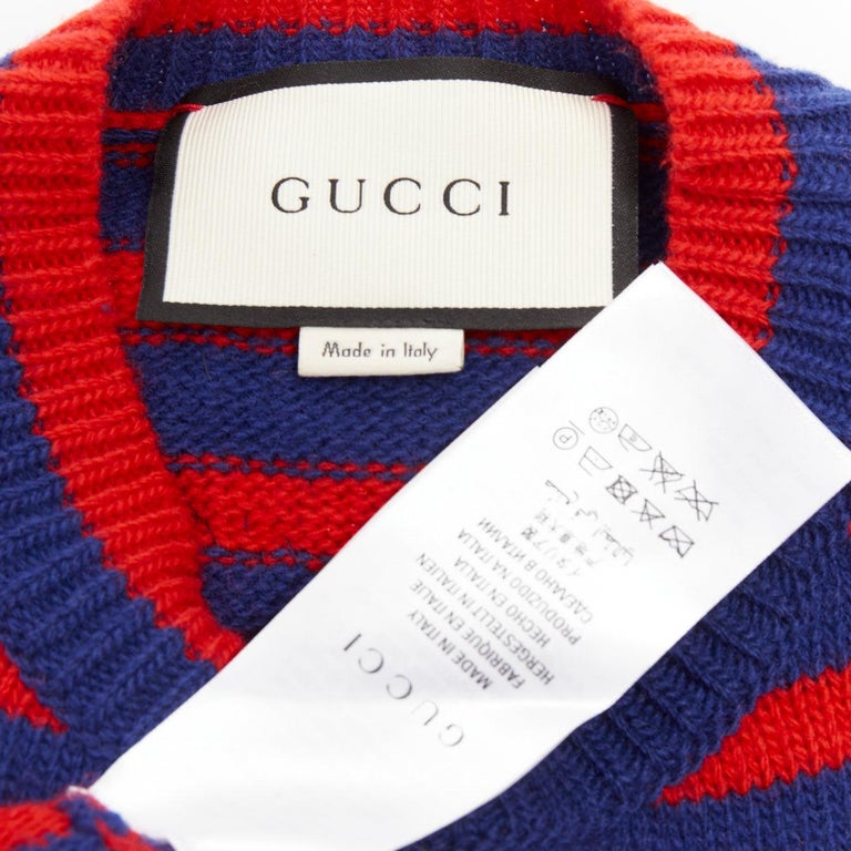GUCCI 2017 Runway wool red blue stripe Tiger Head intarsia crew