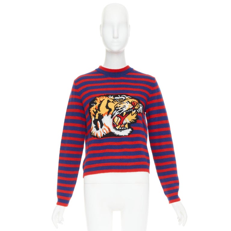 GUCCI ウェブストライプ タイボウ タイガーヘッド GUCCI 2017 Runway wool red blue stripe Tiger Head intarsia crew