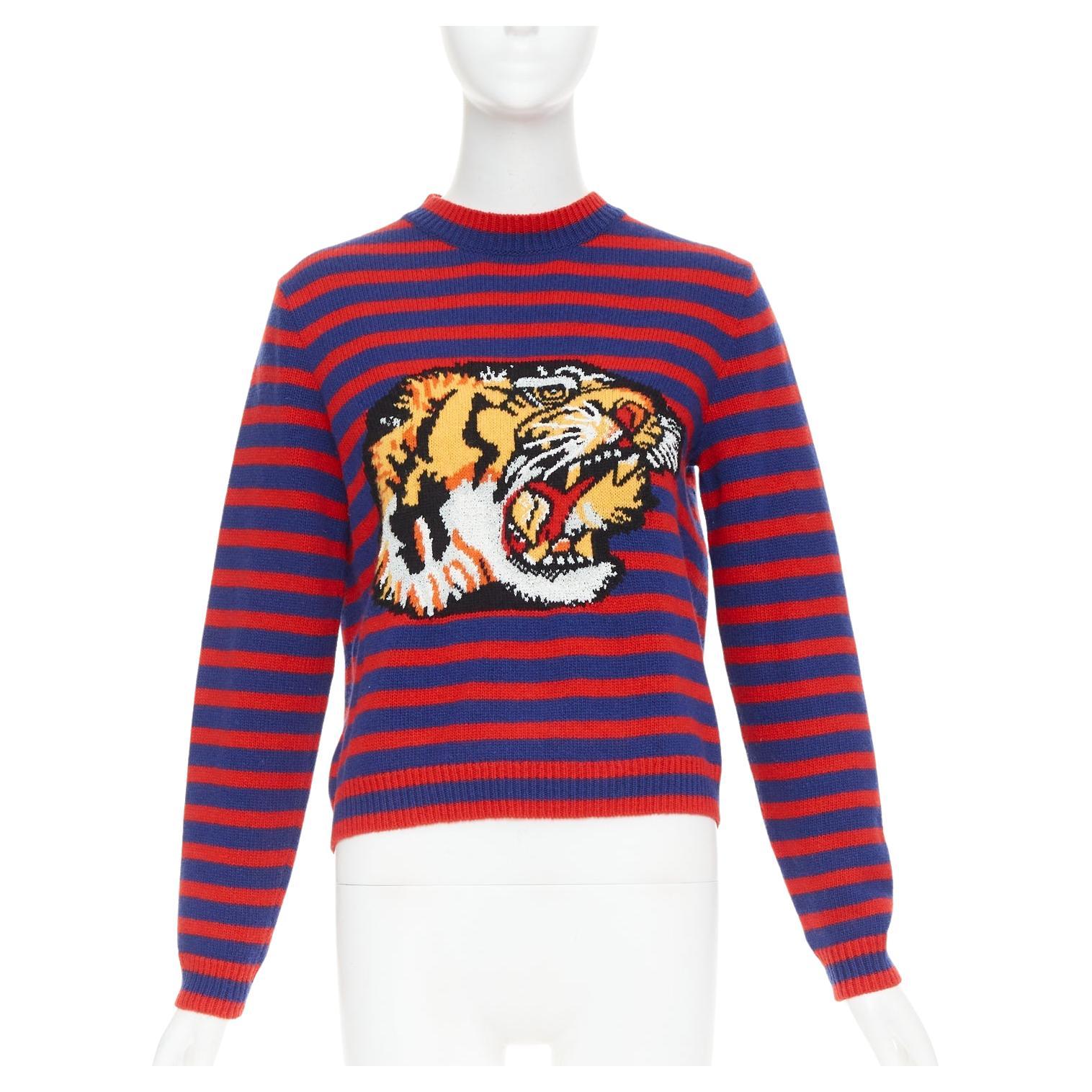 GUCCI 2017 Runway wool red blue stripe Tiger Head intarsia crew sweater XS