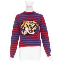 GUCCI 2017 Runway wool red blue stripe Tiger Head intarsia crew sweater XS