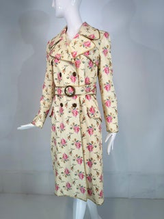 Gucci 2017 Soft Pale Beige Leather Belted Coat Printed Allover with Pink Roses