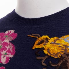 GUCCI 2017navy wool Floral  Bee needlepoint embroidery sweater XS