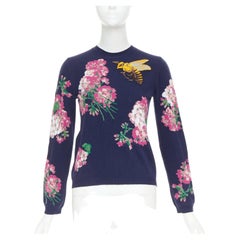 GUCCI 2017navy wool Floral  Bee needlepoint embroidery sweater XS