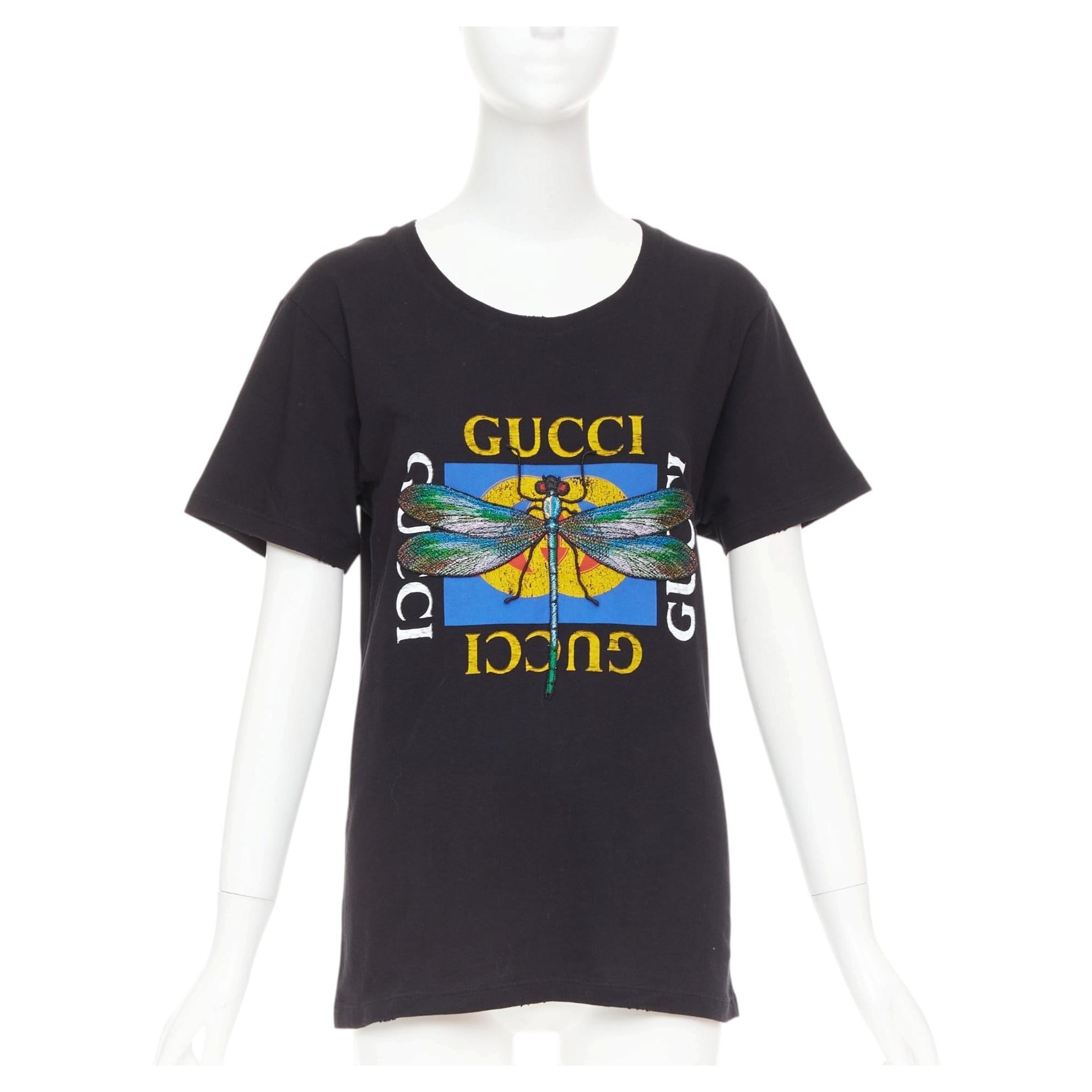 GUCCI 2018 schwarz Baumwolle Vintage Logo bestickt Libelle Jersey tshirt XS im Angebot