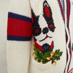 GUCCI 2018 Bosco Orso Dog Bulldog red cream wool needlepoint knit cardigan XXS