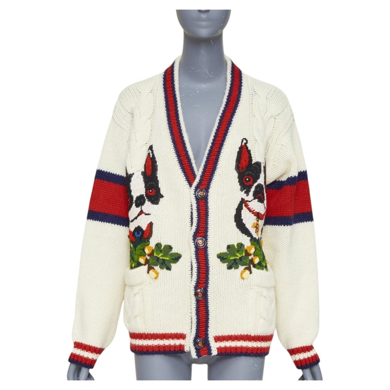 GUCCI 2018 Bosco Orso Dog Bulldog red cream wool needlepoint knit cardigan XXS For Sale