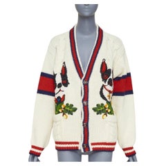 GUCCI 2018 Bosco Orso Dog Bulldog red cream wool needlepoint knit cardigan XXS