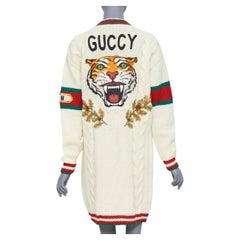 GUCCI 2018 cream wool A badge varsity long cardigan XXS Jennifer Lopez