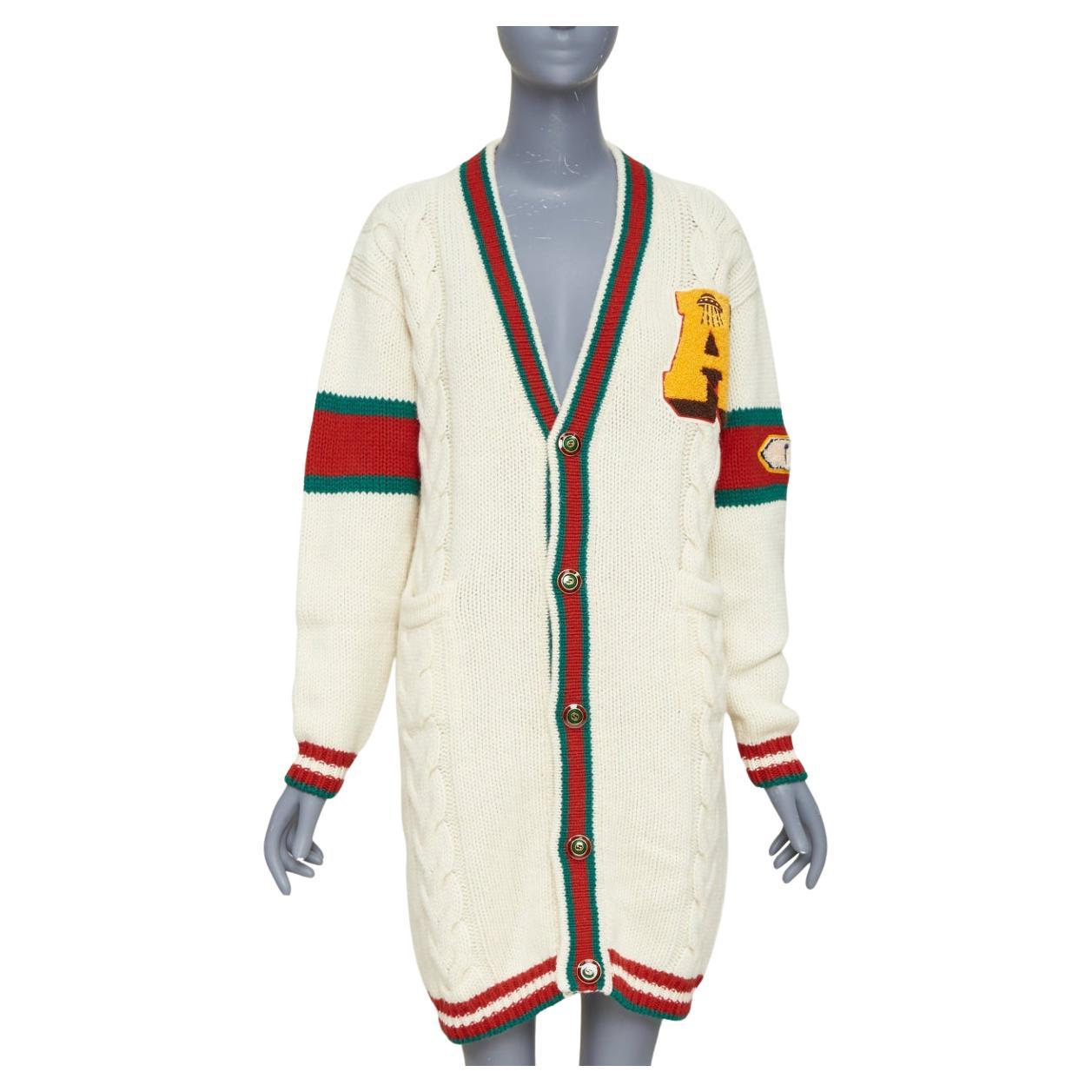 GUCCI 2018 cream wool A badge varsity long cardigan XXS Jennifer Lopez