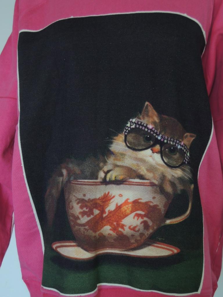 Brown Gucci 2018 Ignasi Monreal Print Pink Cat Teacup Sweatshirt For Sale