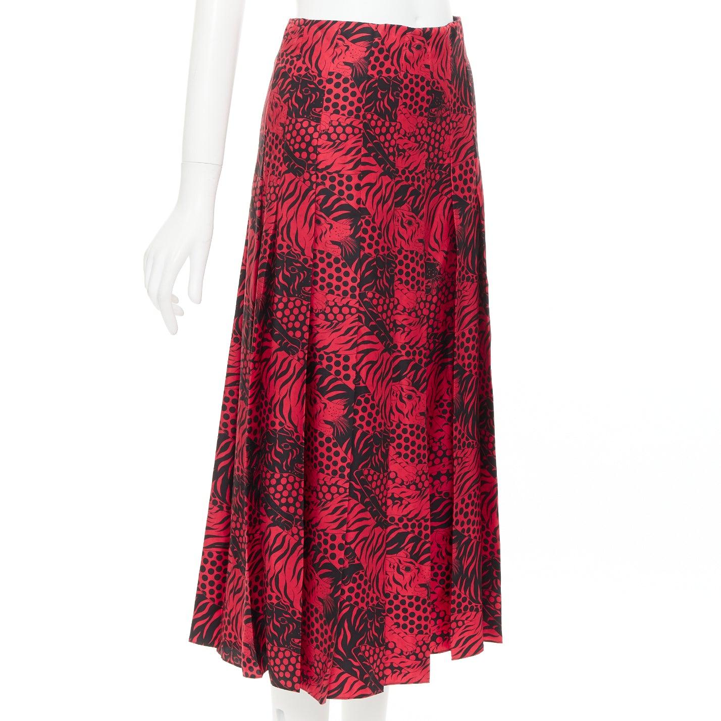 GUCCI 2018 Michele negro rojo 100% seda estampado tigre falda midi plisada IT38 XS Marrón en venta
