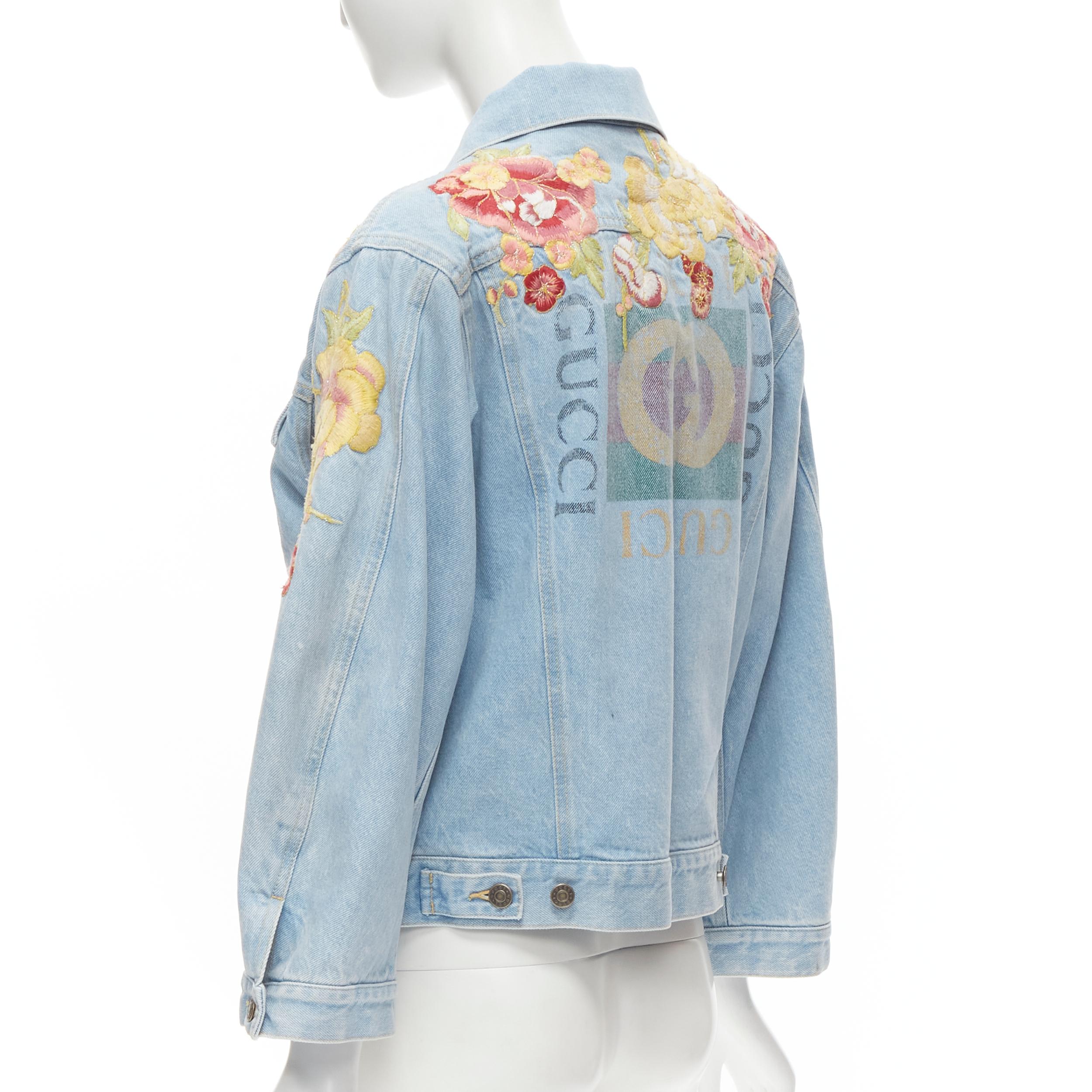 GUCCI 2018 oriental blossom floral embroidery light blue washed denim trucker ja In Excellent Condition In Hong Kong, NT