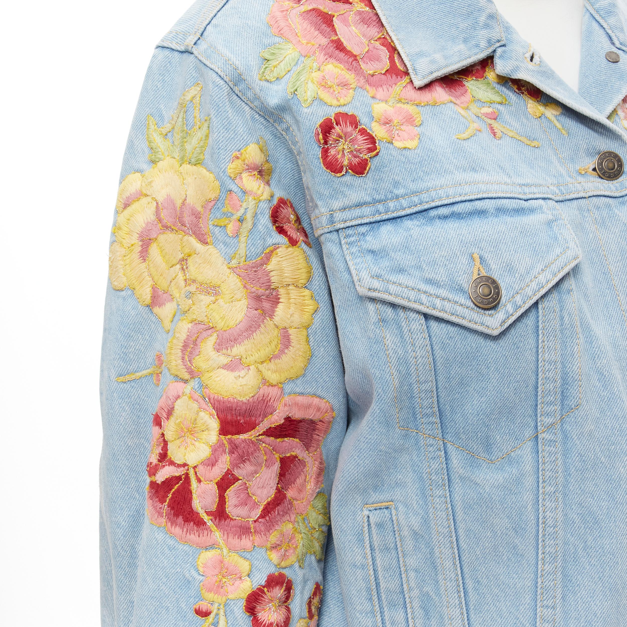 Women's GUCCI 2018 oriental blossom floral embroidery light blue washed denim trucker ja