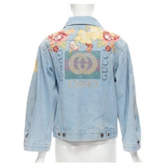Gucci 2018 ricamo floreale fiori orientali blu chiaro denim lavato trucker ja
