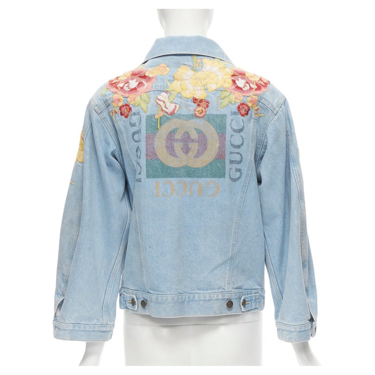 GUCCI 2018 oriental blossom floral embroidery light blue washed denim  trucker ja at 1stDibs | gucci floral denim jacket, gucci ja, gucci trucker  jacket