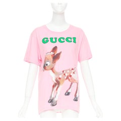 GUCCI 2018 pink cotton Fawn Bambi heart print green logo t-shirt XS