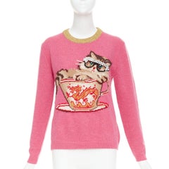 GUCCI 2018 Runway Ignasi Monreal Cat in Teacup pink wool knit sweater S