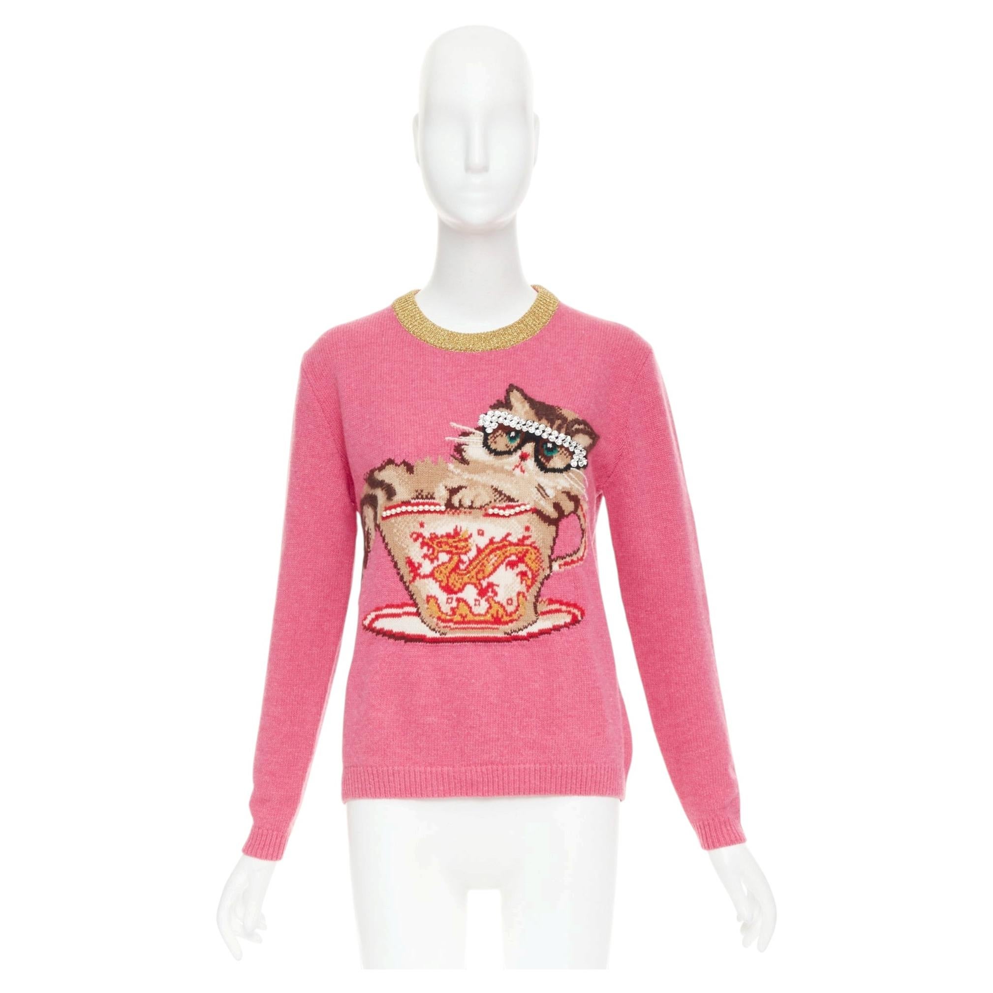 GUCCI 2018 Runway Ignasi Monreal Cat in Teacup pink wool knit sweater S