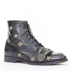 GUCCI 2018 Runway Queercore bee star embroidered leather brogue boot EU39.5