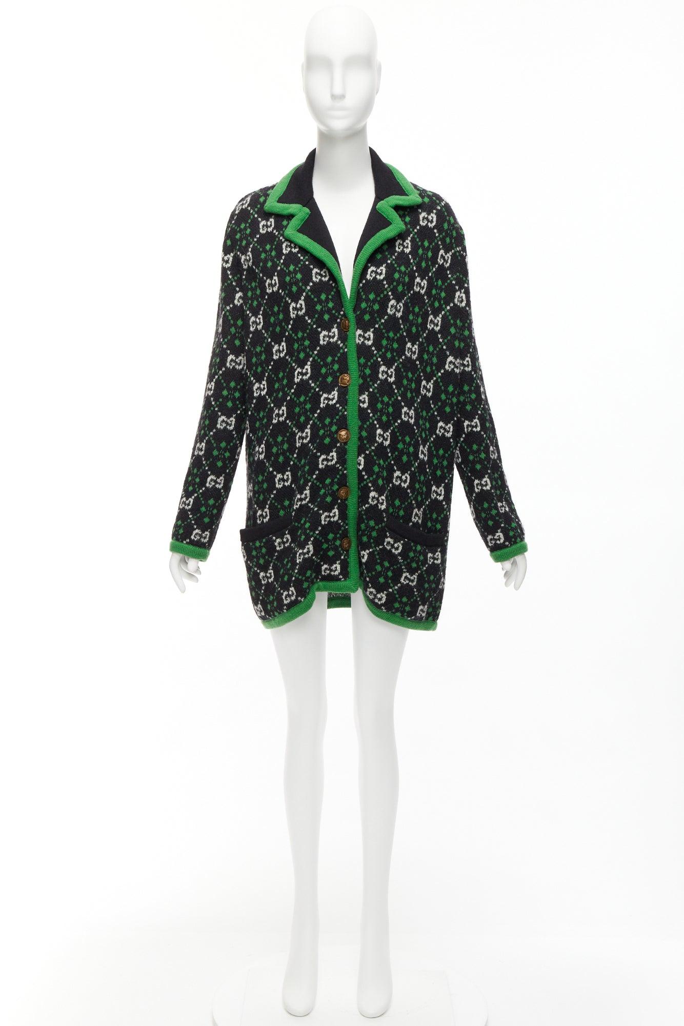 GUCCI 2018 white black GG monogram alpaca wool green trim knit coat S For Sale 6
