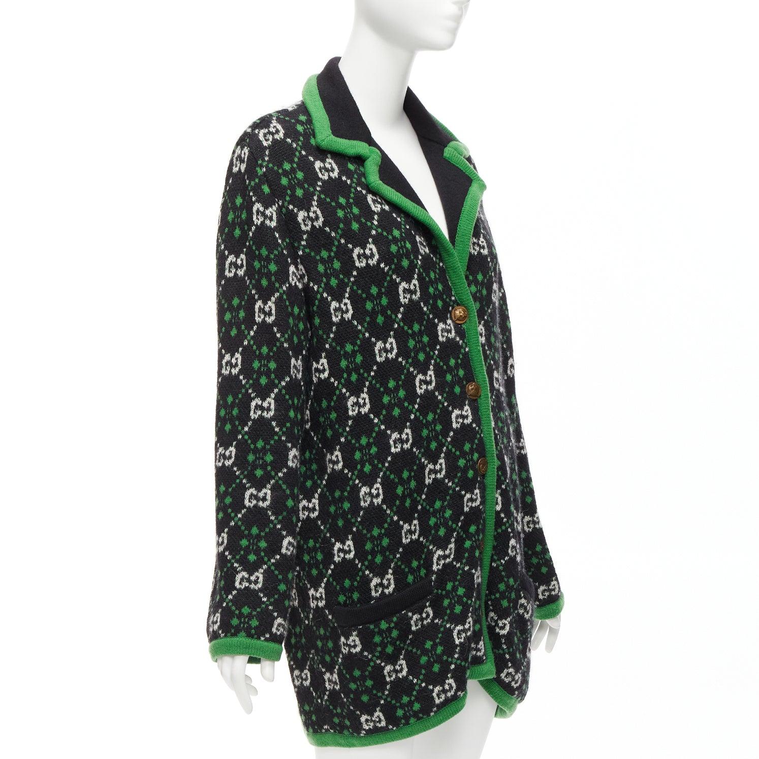 Women's GUCCI 2018 white black GG monogram alpaca wool green trim knit coat S For Sale