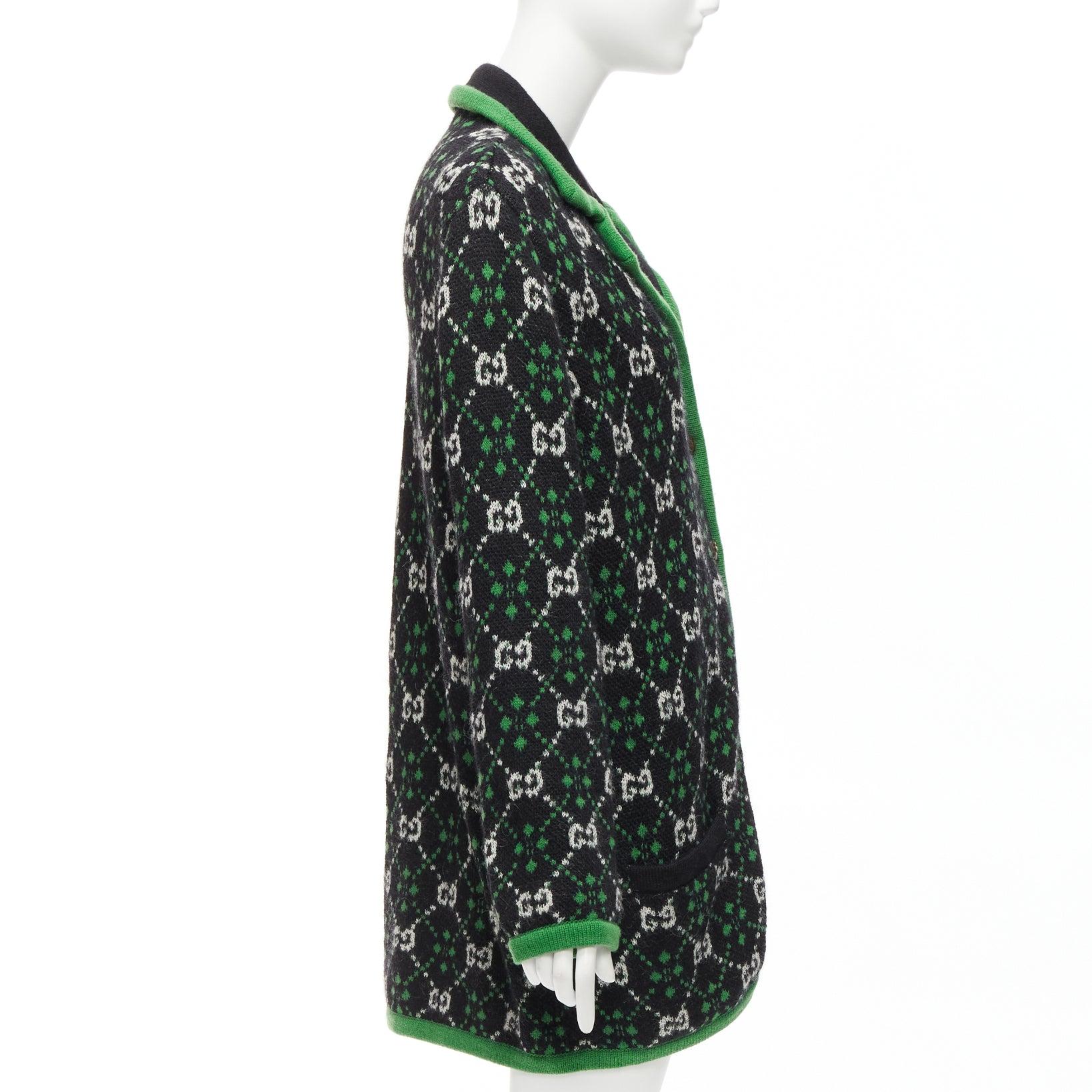 GUCCI 2018 white black GG monogram alpaca wool green trim knit coat S For Sale 1
