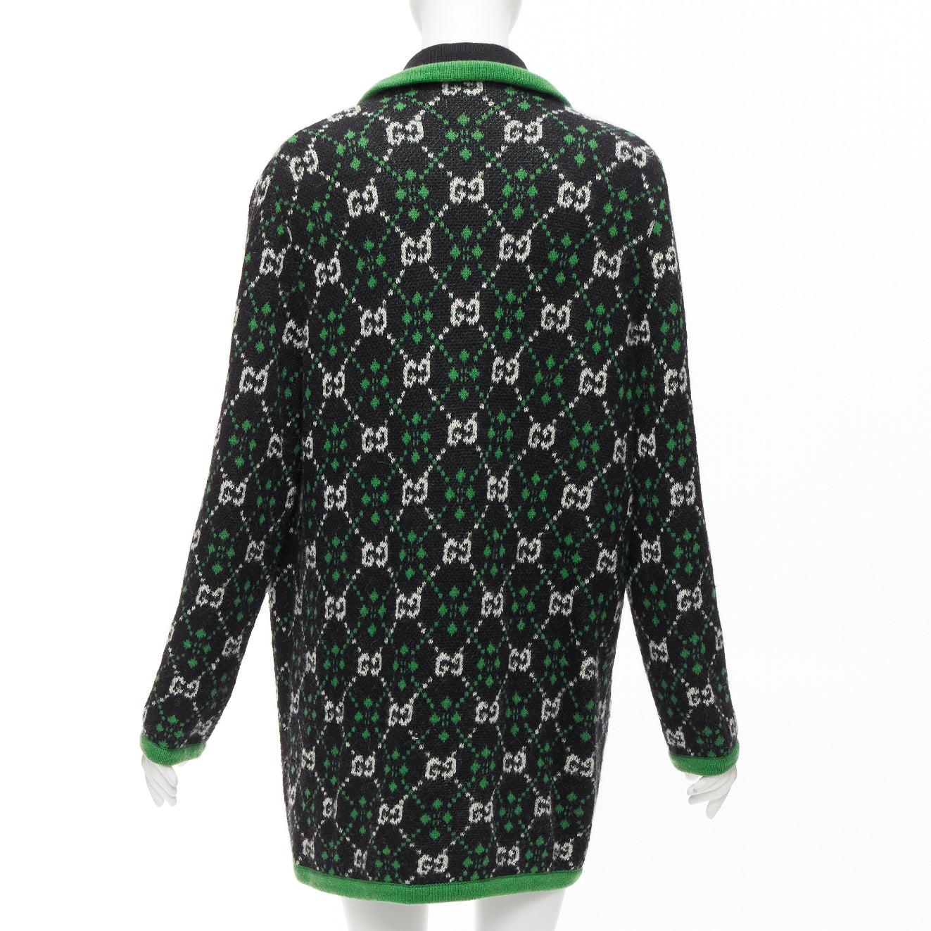 GUCCI 2018 white black GG monogram alpaca wool green trim knit coat S For Sale 2